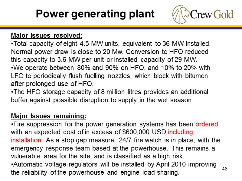 48 Major Issues resolved: Total capacity of eight 4.5 MW units, equivalent to 36
